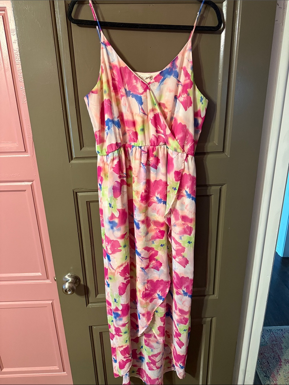 Lush Pink Floral Maxi Dress with Blue & Green Accents